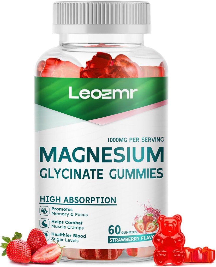 Magnesium Glycinate Gummies 1000mg - Sugar Free Magnesium Potassium Supplement with Vitamin D, B6, CoQ10 for Calm Mood & Sleep Support - 60 Strawberry Gummies