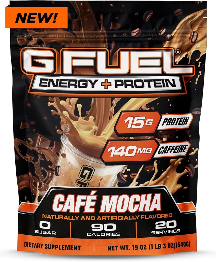 G Fuel Protein + Energy Drink Powder, Pre Workout Caffeine Mix for Gaming, Sugar Free Focus Amino, Vitamin + Antioxidants, 19oz - Cafe Mocha, 20 Servings