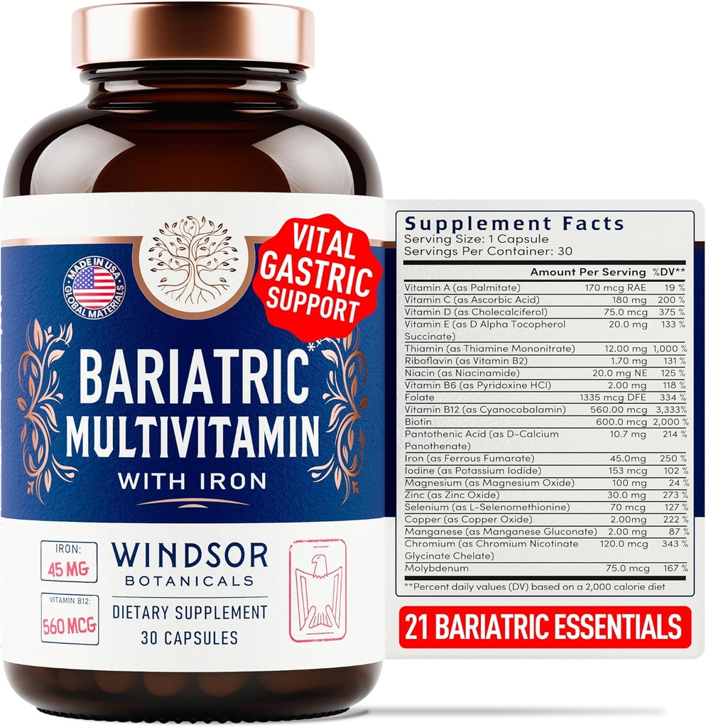 Bariatric Multivitamin with Iron - 45mg Iron Easy to Swallow, One a Day Bariatric Vitamins for Women and Men - Gastric Bypass, Gastric Sleeve Recovery Vitamin Multivitamins - 30 Caps