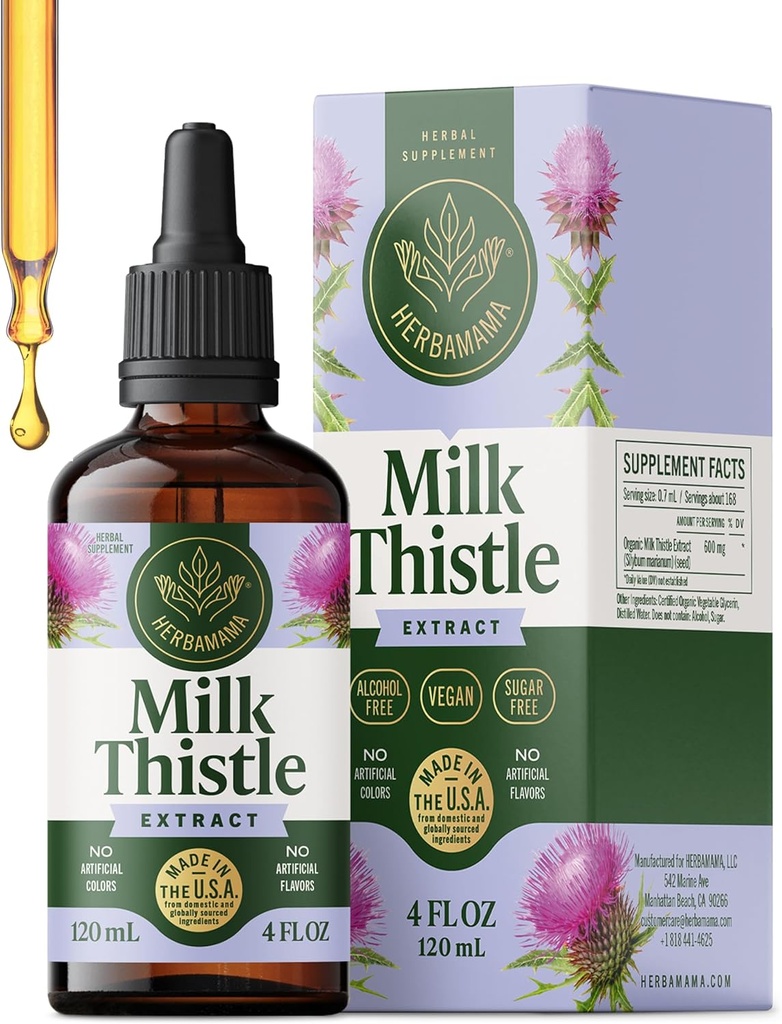 HERBAMAMA Milk Thistle Supplement - Vegan Liver Support with Milk Thistle Extract Tincture - Non-GMO, Alcohol & Sugar-Free Liquid Silymarin Liver Detox Drops, 56-Day Supply