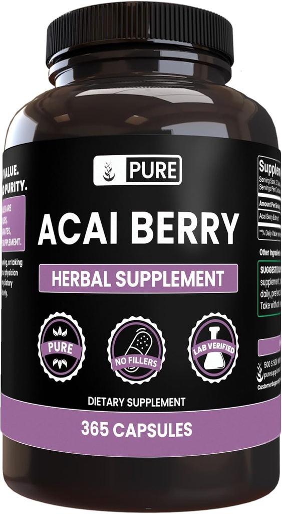 PURE ORIGINAL INGREDIENTS Acai Berry (365 Capsules) No Magnesium Or Rice Fillers, Always Pure, Lab Verified