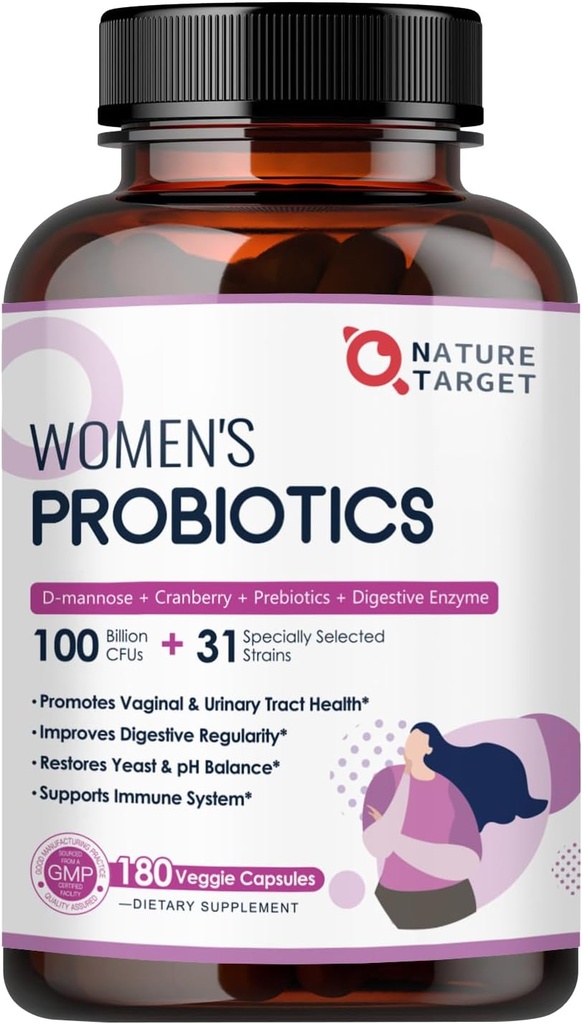NATURE TARGET Probiotics for Women, 100 Billion CFUs Probiotic with Digestive Enzymes & Prebiotics, Vaginal Probiotics with Cranberry for Urinary Tract Health, pH Balance, 180 Veggie Capsules