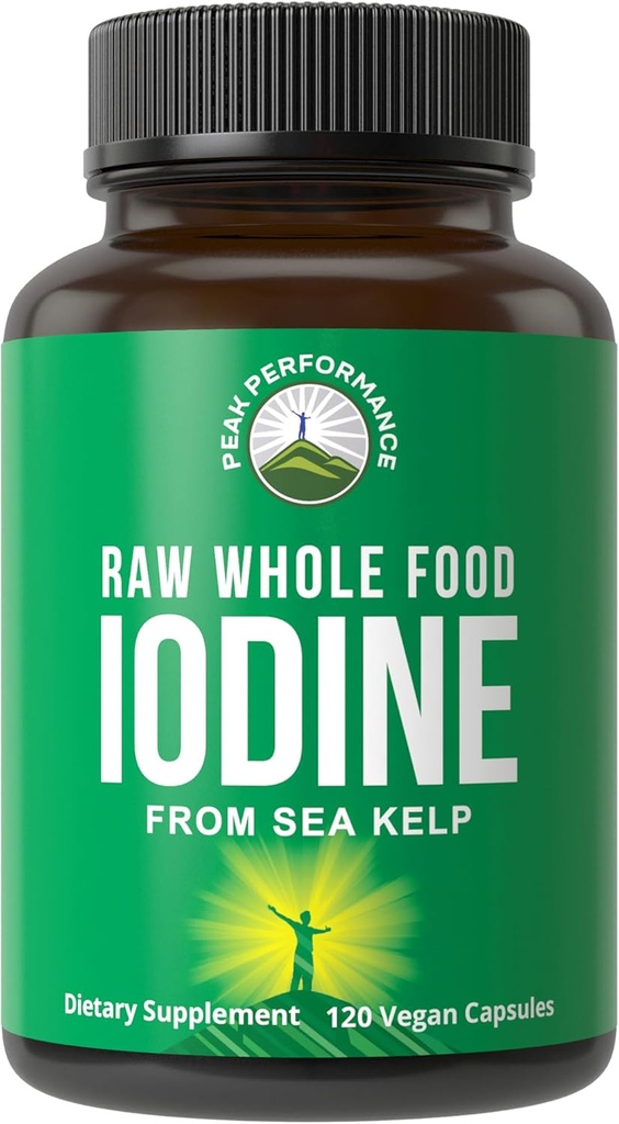 Raw Whole Food Iodine Supplement from Organic Kelp (Ascophyllum Nodosum) by Peak Performance. Potassium Iodide Support Tablets. for Metabolism, Energy, and Immune. 120 Vegan Capsules, Pills.