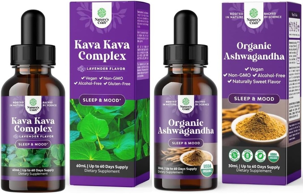 Bundle of Potent Liquid Kava Kava Drops Supplement with Kavalactones for Better Sleep and USDA Organic Ashwagandha Liquid Drops - Ashwagandha Root Extract for Stress and Mood Support for Adults