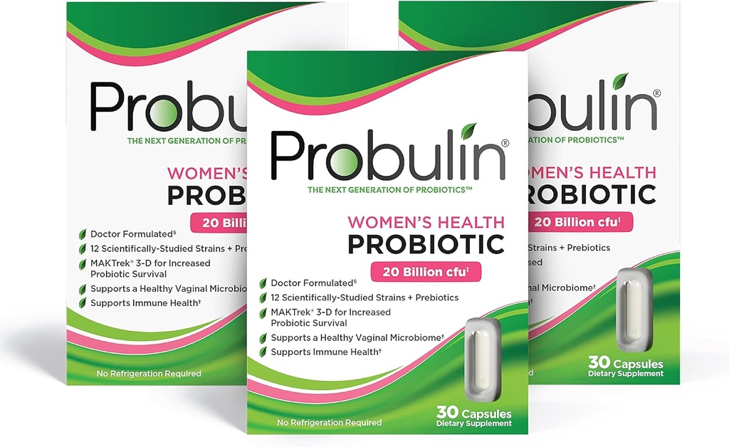Probulin Women’s Health Probiotic + Prebiotic for Vaginal, Gut & Immune Health - 20 Billion CFU - 12 Probiotic Strains, 30 Vegan Capsules (Pack of 3)
