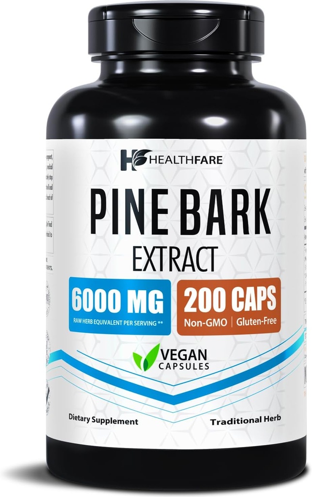 Healthfare Pine Bark Extract 6000mg French Maritime | 200 Vegan Capsules | Standardized 95% OPC Proanthocyanidins | Antioxidant Herbal Supplement | Non-GMO, Gluten-Free | Made in USA