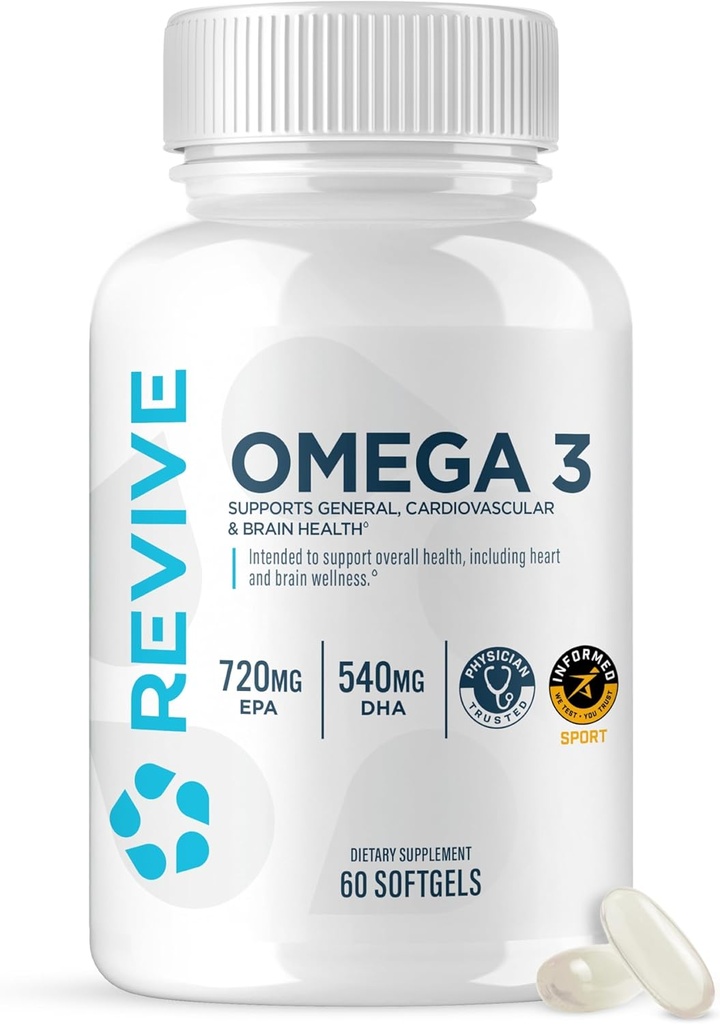 Revive MD Omega 3 Fish Oil Supplements for Men & Women – Softgels with EPA & DHA Fatty Acids for Healthy Skin & Joints, Heart & Brain Support – Vegan-Friendly, Gluten-Free (120 Softgels, 60 Servings)