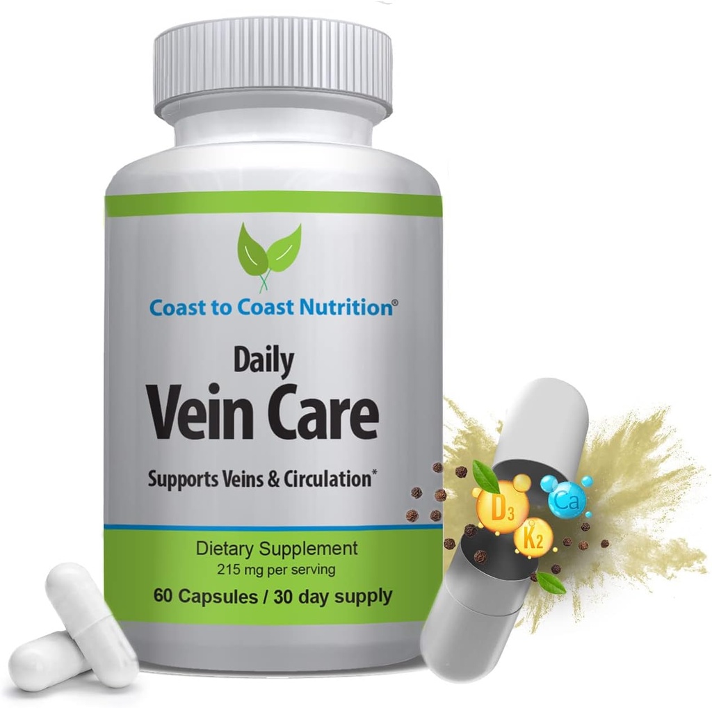 Daily Vein Care Supplement Capsules — Circulation Formula with a Natural Blend of Calcium, Vitamin D3, Vitamin K2 Plus BioPerine for Max Absorption Vein Formula — 60 Capsules