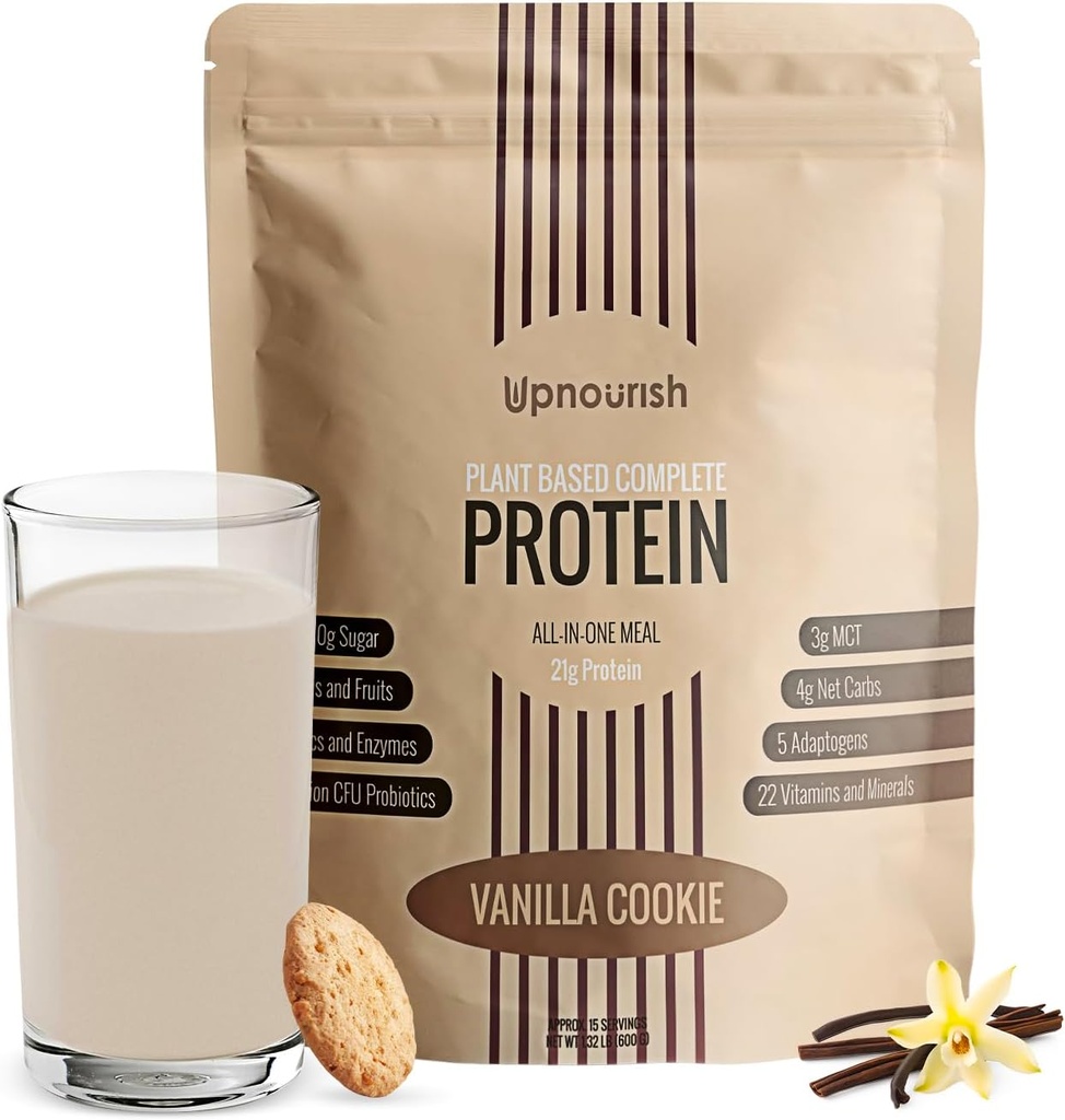 UpNourish Vanilla Cookie Vegan Protein Powder 54 Superfoods Powder,1.5 Billion CFU Probiotics 21g Plant Based Protein,No Sugar No Dairy No GMO Dairy Free,Meal Replacement Shake Keto-Friendly Low-Carb Diet,15 Servings