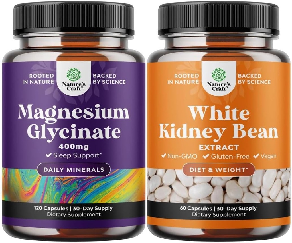 Bundle of Pure Magnesium Glycinate Supplement 400mg Per Serving for Mood Sleep and Relaxation Support and White Kidney Bean Extract Carb Blocker for Metabolism Boost & Ease Calories from Starchy Food