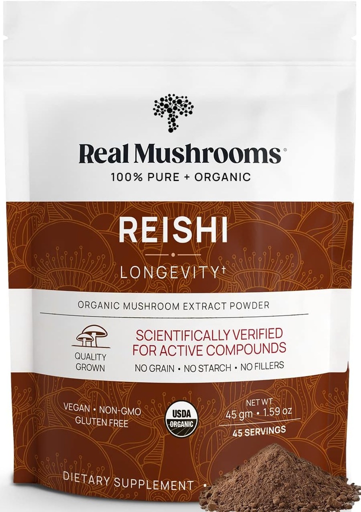 Real Mushrooms Reishi Mushroom Powder - Handpicked Organic Mushroom Extracts - Red Reishi for Tranquil Daily Wellness with Verified Beta Glucans Vegan, Non-GMO, No Grain Fillers, 45 Servings