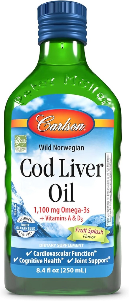 Carlson - Cod Liver Oil, Omega-3s EPA & DHA, Heart, Brain, Vision & Joint Health, Norwegian, Fruit Splash, 250 ml