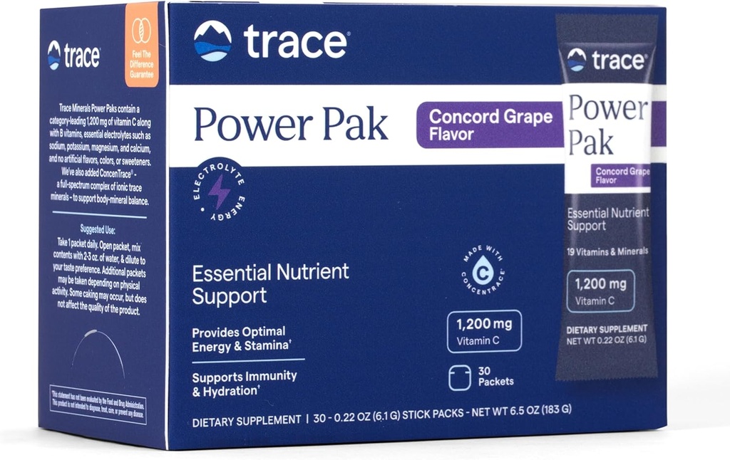 Trace Minerals Power Pak Multivitamin and Multimineral Packets - Electrolyte Support - 1200 mg Vitamin C plus 70+ Trace Minerals - Concord Grape Flavor - 30 Packets
