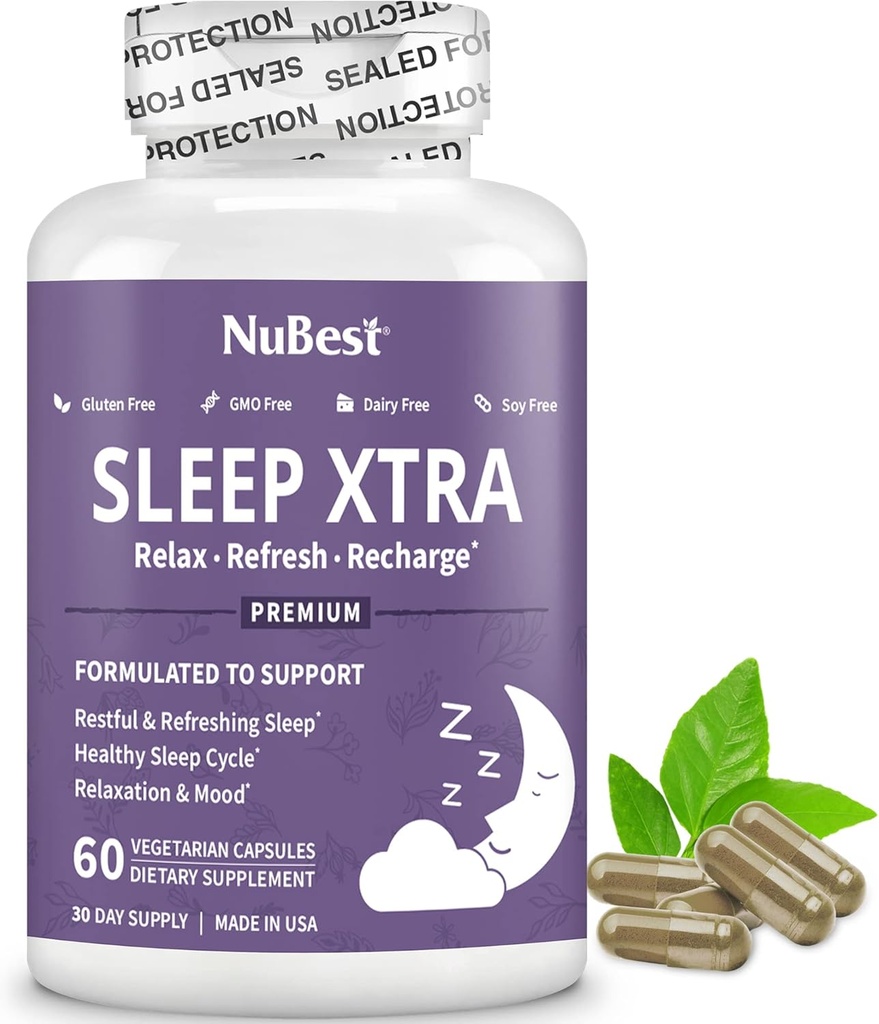 NuBest Sleep Xtra | Supports Healthy Sleep for Adults | Vitamin B6, Melatonin, Ashwagandha, Chamomile, Valerian & More - Non Habit-Forming | 60 Vegan Capsules |1 Month Supply