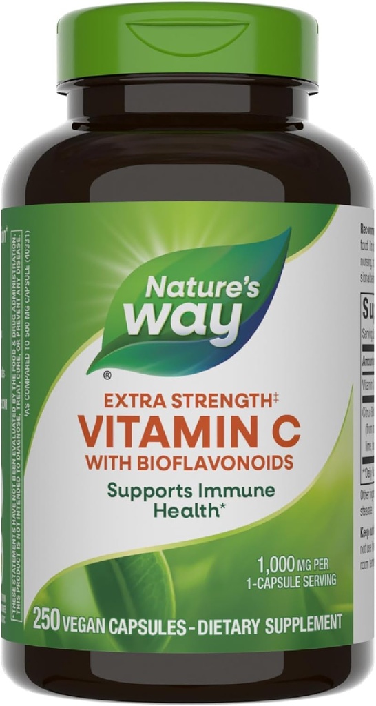 Nature's Way Extra Strength Vitamin C with Bioflavonoids, Promotes Collagen Production for Healthy Skin*, 1g Vitamin C as Ascorbic Acid per Capsule, 250 Vegan Capsules (Packaging May Vary)