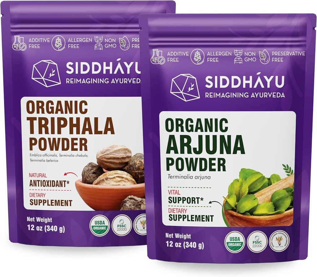 Siddhayu Organic Triphala Powder - 12 oz and Organic Arjuna Powder - 12 oz