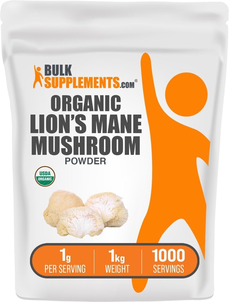 BulkSupplements.com Organic Lions Mane Mushroom Powder - Lions Mane Powder, Mushroom Supplement - Vegan & Gluten Free, 1g per Serving, 1kg (2.2 lbs) (Pack of 1)
