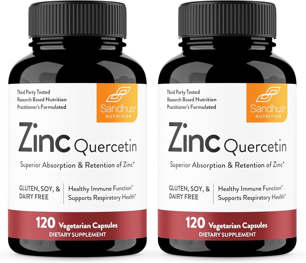 Sandhu's Zinc Quercetin 120 Vegetarian Capsules (Pack of 2) | High Absorption Zink Supplements for Immunity and Seasonal Allergy | Antioxidant Immune Support for Men and Women | Easy to Swallow