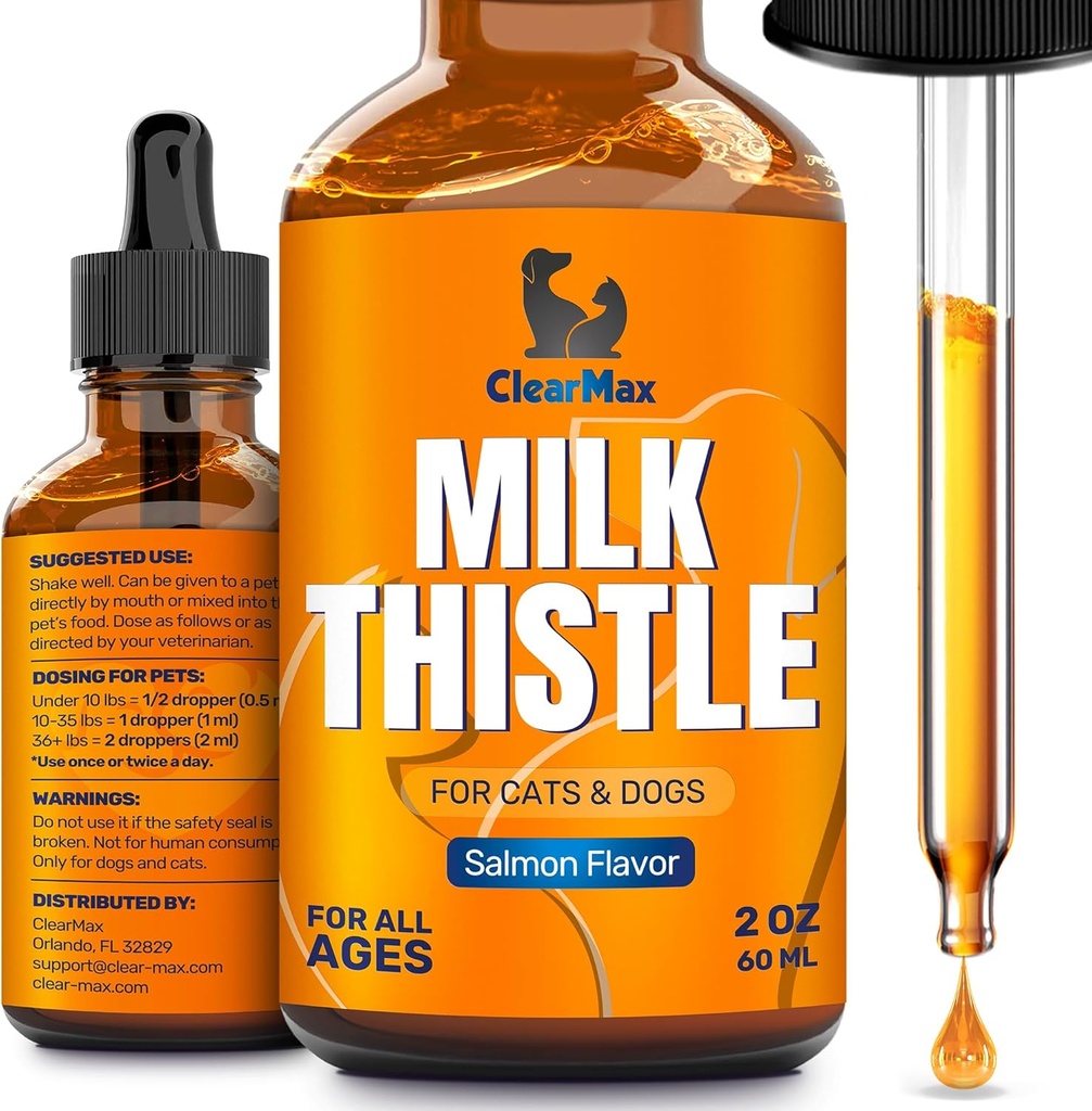 Milk Thistle for Dogs – Liver & Kidney Support for Large & Small Pets – Milk Thistle for Cats to Care for Digestion – Specialist-Approved Liquid Formula with Salmon Flavor – GMO Free – 2 Oz Bottle