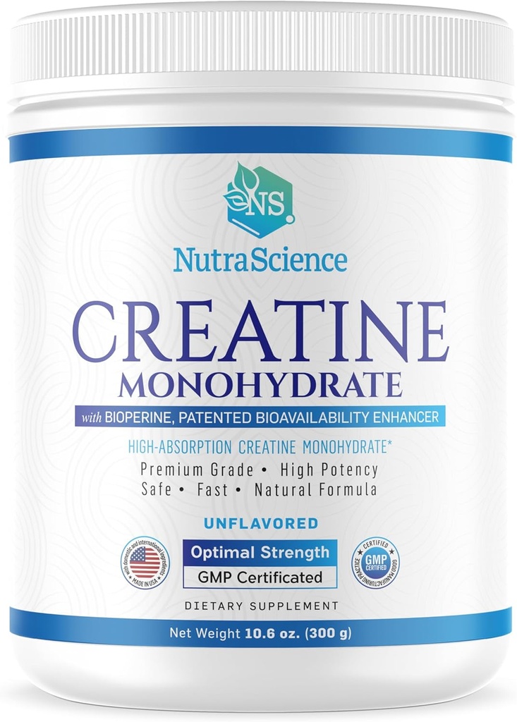 NutraScience Creatine Monohydrate Powder with BioPerine, Supports Lean Muscle Growth and Recovery, 60 Servings, 5000mg Per Serving, Unflavored, GMP sertified, Vegan Friendly, Non GMO