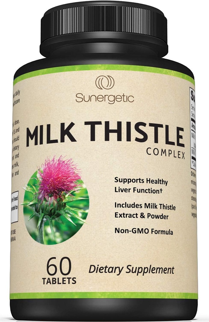 Sunergetic Premium Milk Thistle Complex - Supports Healthy Liver Function - Detox & Cleanse - Powerful Milk Thistle Extract & Seed Powder - Standardized Silymarin Content - 60 Milk Thistle Tablets