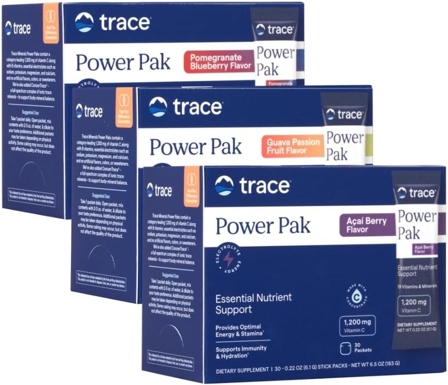 Trace Minerals Power Pak Multivitamin and Multimineral Packets - Electrolyte Support - 1200 mg Vitamin C plus 70+ Trace Minerals - Acai Berry, Blueberry Pomegranate and Guava Variety - 90 Packets