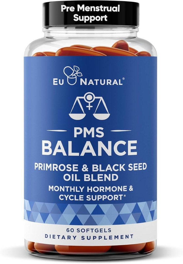 Balance PMS Vitamins for Women - Hormone Balance for Women, Menstrual & PMS Relief - Primrose Oil, Black Seed Oil, & DIM - 60 Liquid Softgels