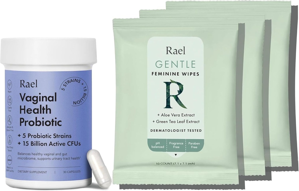 Rael Bundle - Probiotics Supplements for Women, Digestive Enzymes, Urinary Tract Health (30 Day Supply) & Flushable Feminine Wipes, pH Balance (10 Count, Pack of 3)