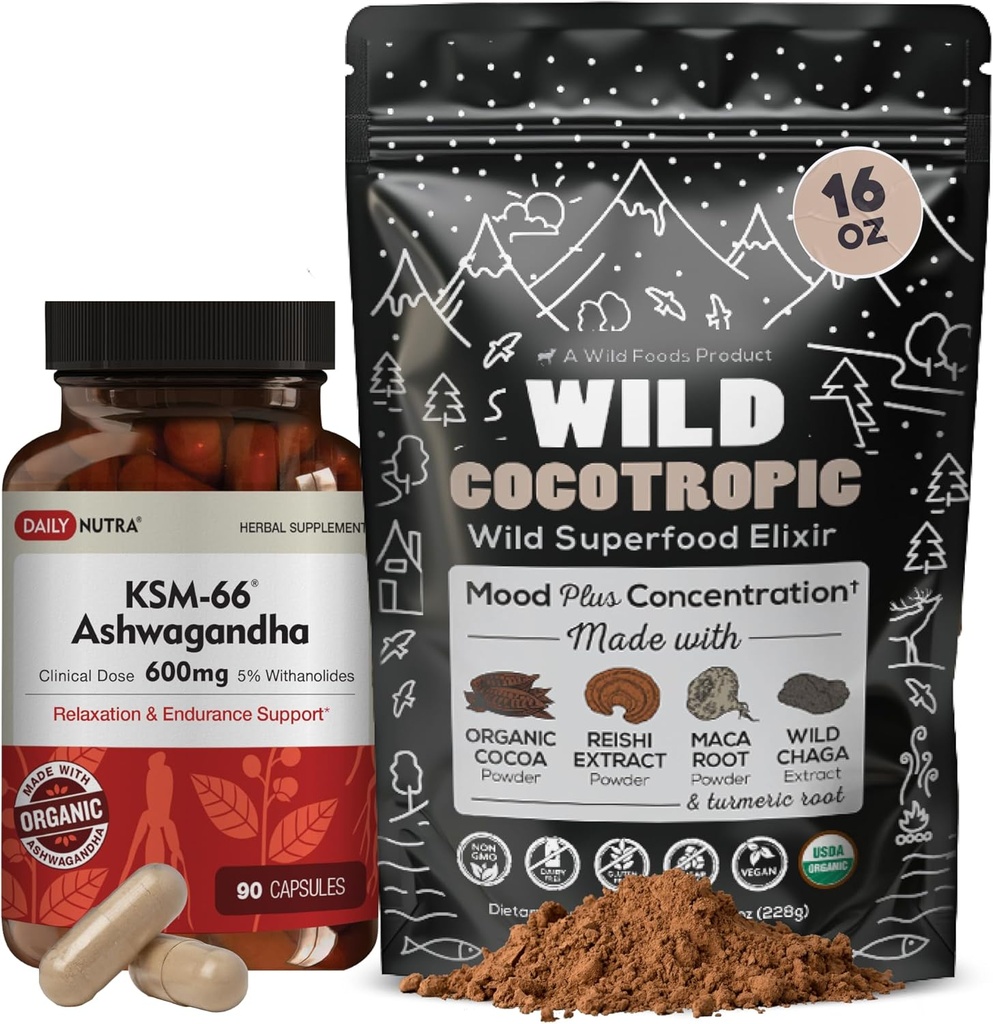 DailyNutra KSM 66 Ashwagandha (90 Capsules) and Mushroom Cacao Mix (16oz) Bundle for Relaxation and Focus