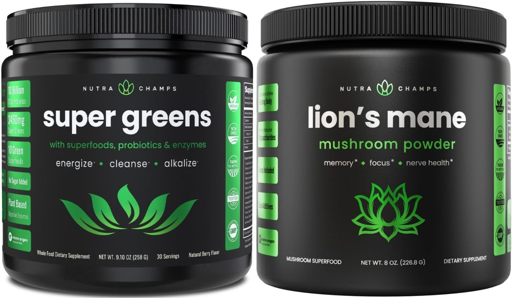NutraChamps Greens Super Food Powder & Lion's Mane Powder
