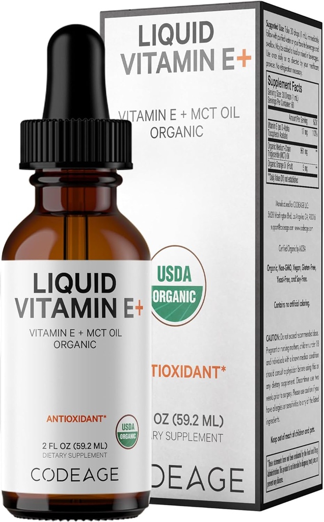Codeage Liquid Vitamin E+ - USDA-Certified Organic Vitamin E - 2-Month Supply - D-Alpha Tocopherol Acetate, Organic MCT Oil, Orange Fruit Oil, Unflavored, Non-GMO, Vegan, Gluten-Free, 2 fl oz