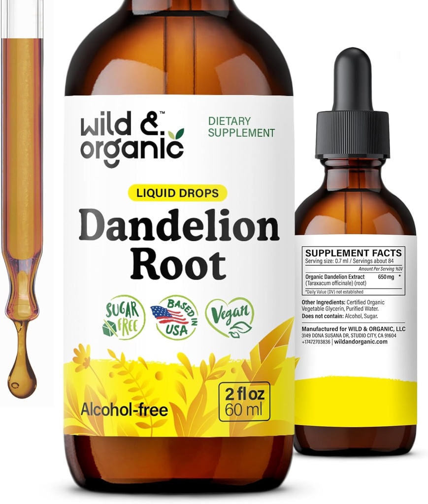 Wild & Organic Dandelion Root Supplement Drops - Liver Cleanse Support - Dandelion Root Tincture for Liver Detox - Vegan, Sugar & Alcohol-Free Liquid Extract - 2 fl oz