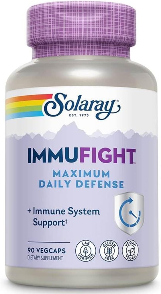 SOLARAY Immufight Maximum Daily Defense, All Day Immune Support, Vitamin C, Vitamin D, Zinc, Probiotics, Monolaurin, Acerola & More, Vegan & Gluten Free, 60 Day Guarantee, 30 Servings, 90 VegCaps
