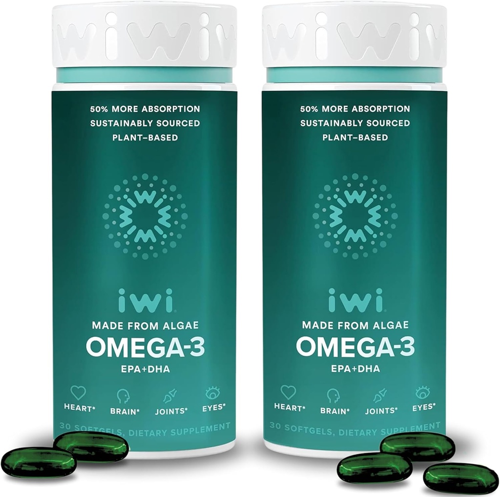 Iwi Omega-3, 60 Softgels (60 Servings), Vegan Plant-Based Algae Omega 3 with EPA + DHA, Whole-Body Support Dietary Supplement, Krill & Fish Oil Alternative, No Fishy Aftertaste