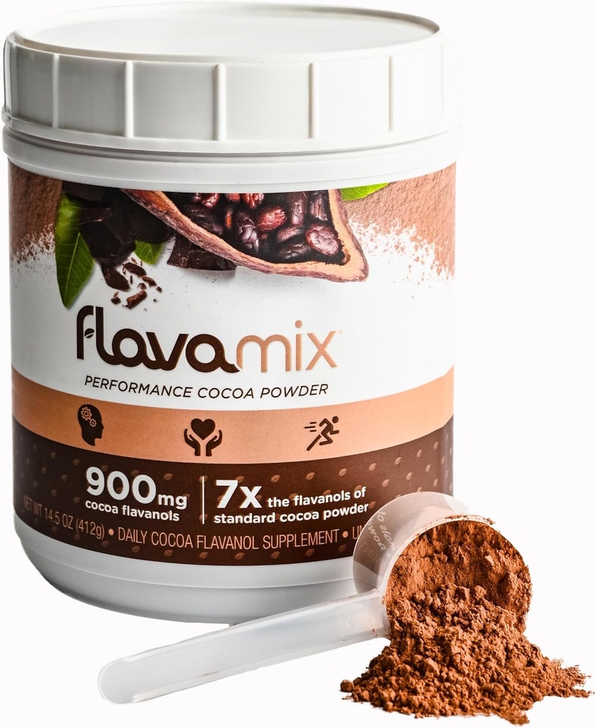 FlavaMix Performance Cocoa Powder | 900mg of Cocoa Flavanols | Promotes Heart & Brain Function | Boosts Nitric Oxide | Plant Based, Zero Sugar | 31 Servings