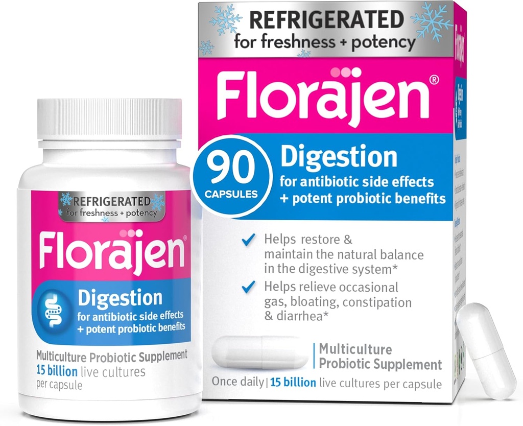 Florajen Digestion Probiotic - Advanced Gut Health Supplement for Constipation & Bloating Relief - 15 Billion Live Cultures - Multi-Strain Formula - Refrigerated for Potency & Freshness - 90 Capsules