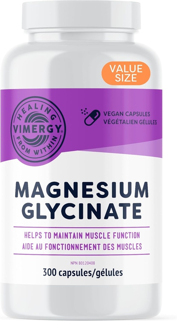 VIMERGY Magnesium Glycinate – Stress Support – Chelated to Avoid Tummy Upset*– Promotes Heart Health & Energy*– Kosher, Vegan Gluten-Free – 300 Caps