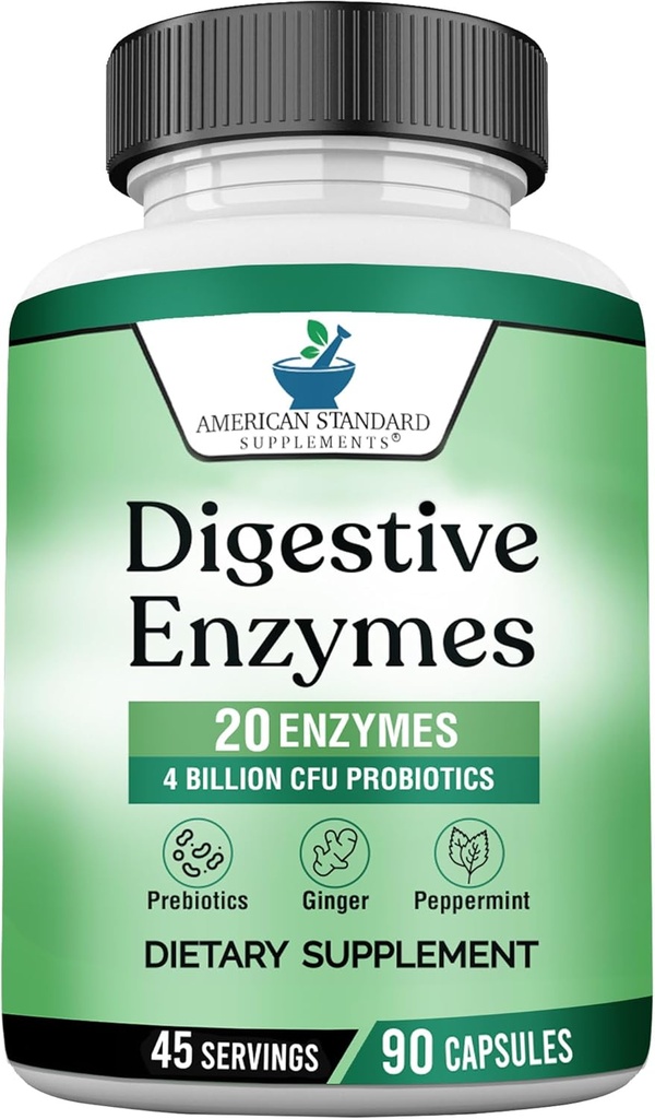 American Standard Supplements Digestive Enzymes Plus Probiotics & Prebiotics, 90 Veggie Capsules, for Digestion with Amylase, Bromelain, Papain, Lipase, Lactase, Protease, Papain, Cellulase