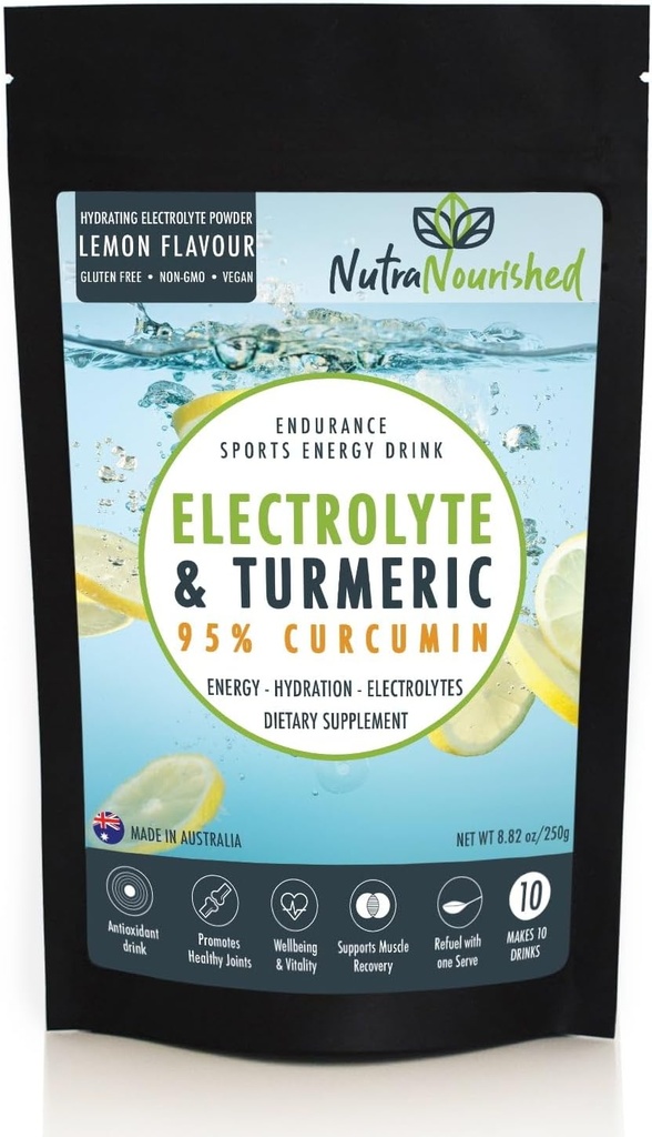 Electrolyte Powder Infused with 95% Pure Organic Curcumin from Turmeric - Sports Energy Drink Mix - Hydration Powder Sugar Free - Lemon Flavor Turmeric Drink - 250g