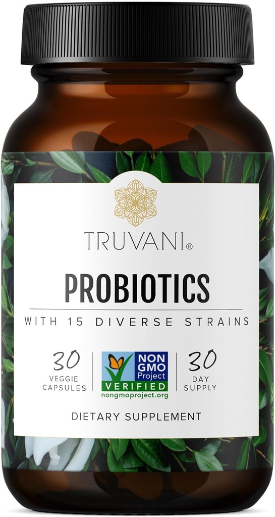 Truvani Probiotic Supplement | 30 Servings | 15 Billion CFU | 15 Diverse Strains for Digestive, Immune & Brain Health Support | Shelf-Stable Vegan Capsules | Non-GMO, No Fillers