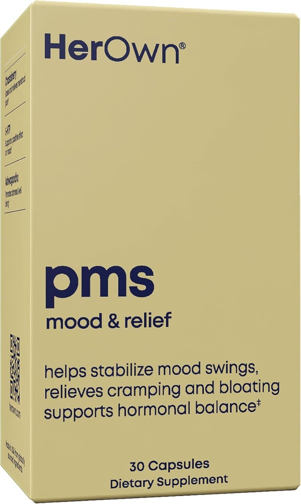 her own PMS, Supports PMS Symptoms, Promotes Positive Mood, Natural Hormone Balance, Helps Relieve Cramping, Hot Flashes Menopause Relief, Gluten and Soy Free, Vegan, 30 Capsules, 30 Servings