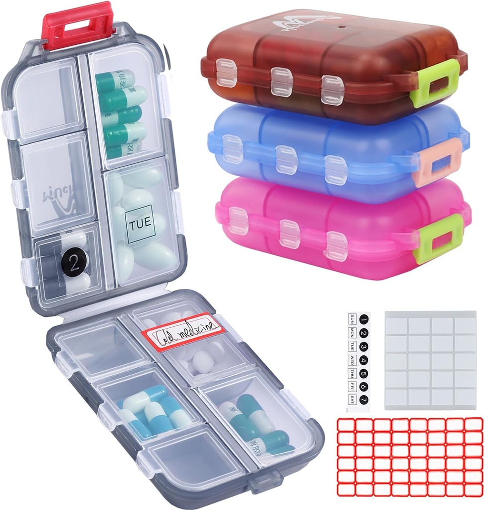 4PS Travel Pill Organizer with 164 Slice Labels，10 Compartments Travel Pill Box Portable Folding Small Pill Case Daily Pill Container Used for Carry Storage Medicine Organizer by M MUchengbao