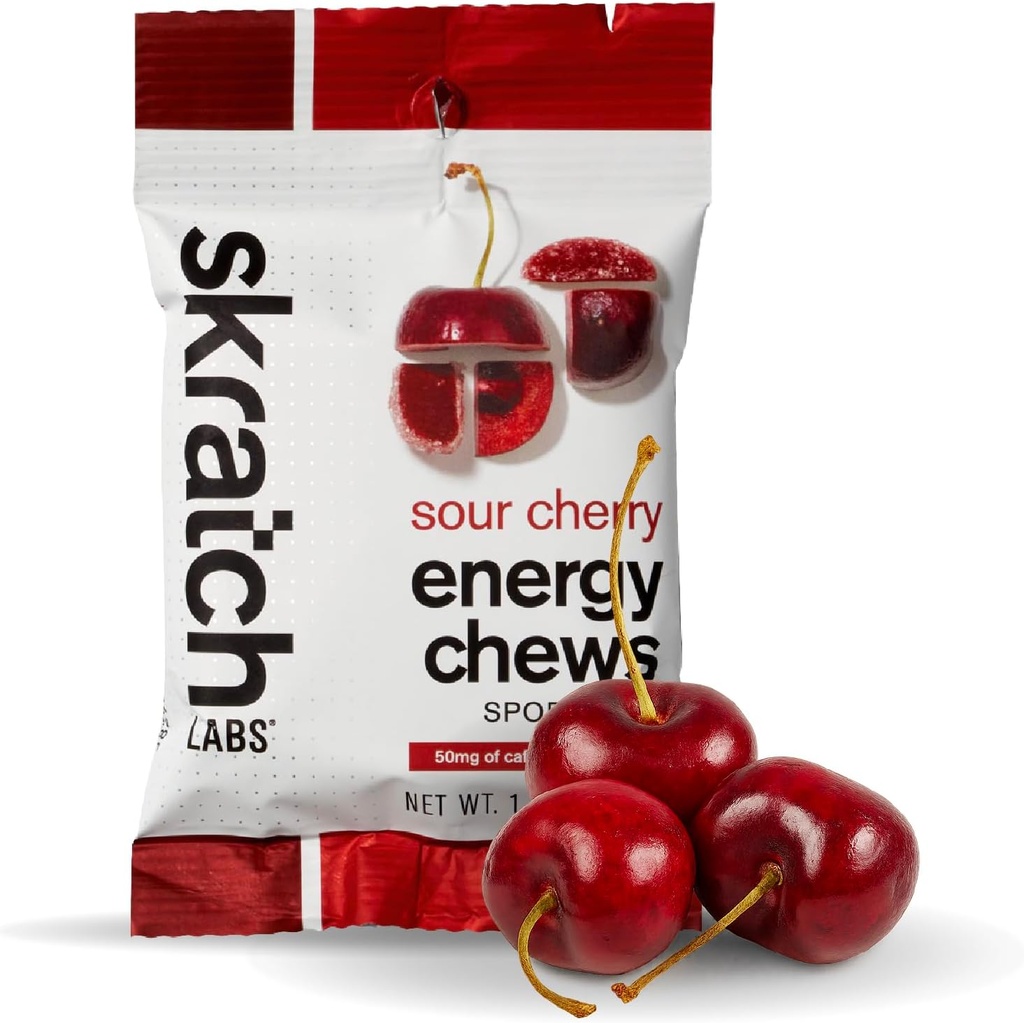 Skratch Labs Energy Chews | Caffeine Gummies for Running, Cycling, and Sports Performance | Gel Alternative | Sour Cherry (10 Pack) | Gluten Free, Vegan