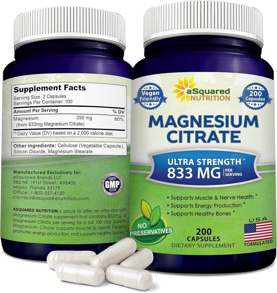 aSquared Nutrition Magnesium Citrate 833mg Supplement - 200 Capsules - Max Strength Vegan Mag Citrate Powder Pills to Support Pure Function of Muscles, Heart & Bones - Helps Increase Energy