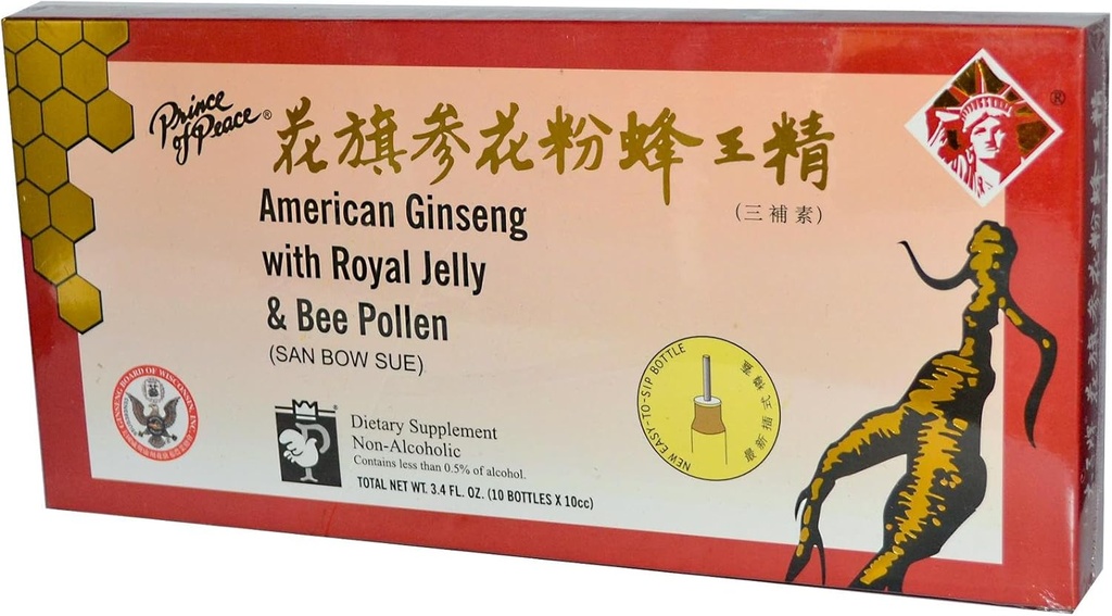 Prince of Peace American Ginseng With Royal Jelly and Bee Pollen 100cc Count (10x 10cc)
