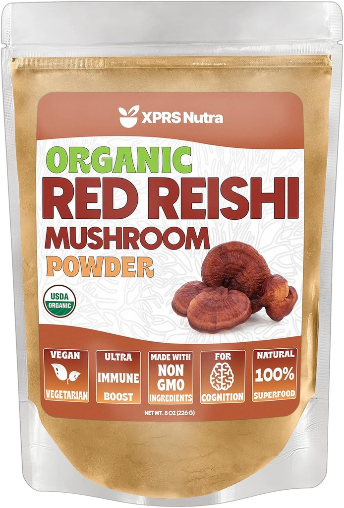 XPRS Nutra Organic Red Reishi Mushroom Powder - Premium Reishi Powder for Cognition - Vegan Reishi Mushrooms for Longevity and Energy (8 Ounce)