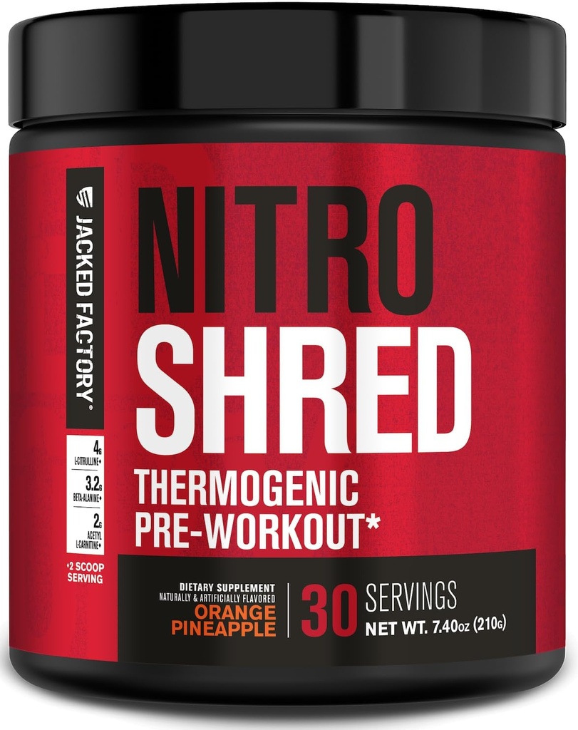 Jacked Factory NITROSURGE Shred Pre Workout Supplement - Energy Booster, Instant Strength Gains, Sharp Focus, Powerful Pumps - Nitric Oxide Booster & PreWorkout Powder - 30Sv, Orange Pineapple