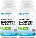 Puregen Labs Ferrous Gluconate 324 mg [High Potency] Iron Supplement, Gentle on Stomach | 2 Pack - 200 Tablets Total
