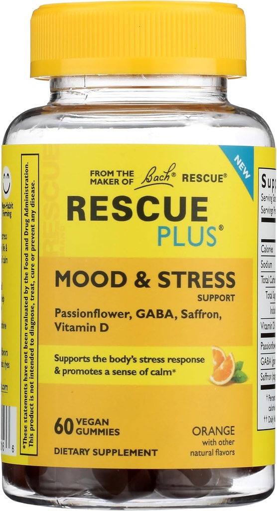 RESCUE Bach Plus Mood & Stress Support Gummies, Daytime Dietary Supplement with Passionflower, GABA, Saffron & Vitamin D, Natural Orange Flavor, Vegan & Gluten-Free, 60 Count