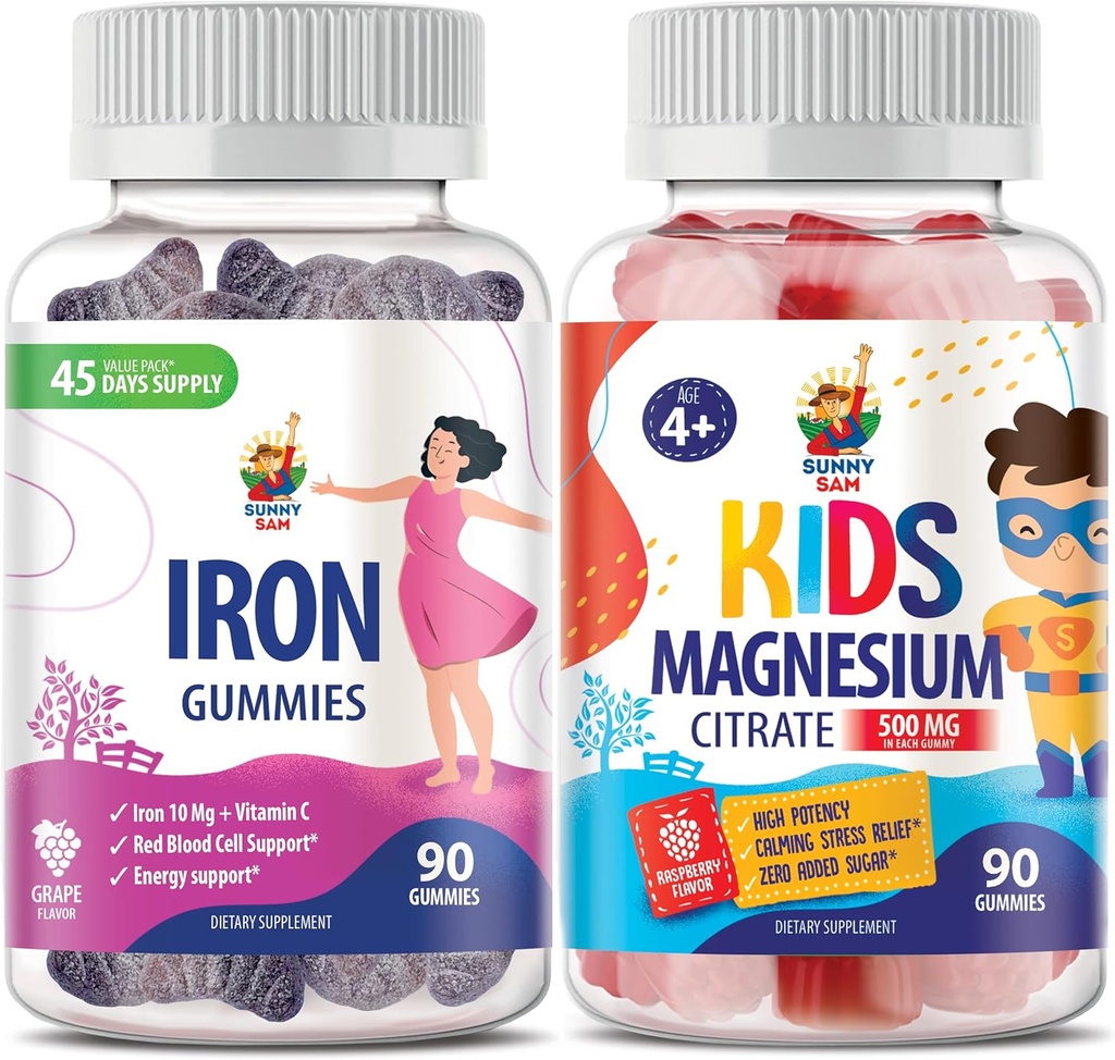 Magnesium Gummies for Kids 500mg & Iron Gummies for Adults - Iron Vitamins with Vitamin C